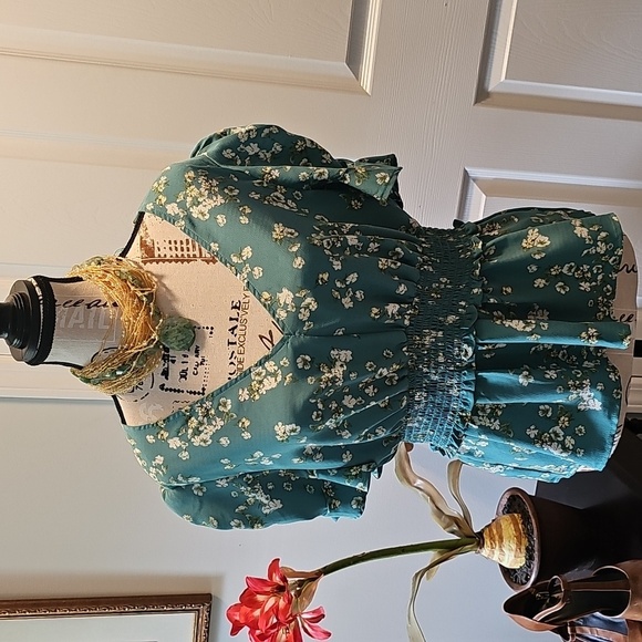 Rabbit Rose Floral Puff Sleeve Blouse, Smocked Waist, V-Neck, Women's Size Large - Picture 1 of 11